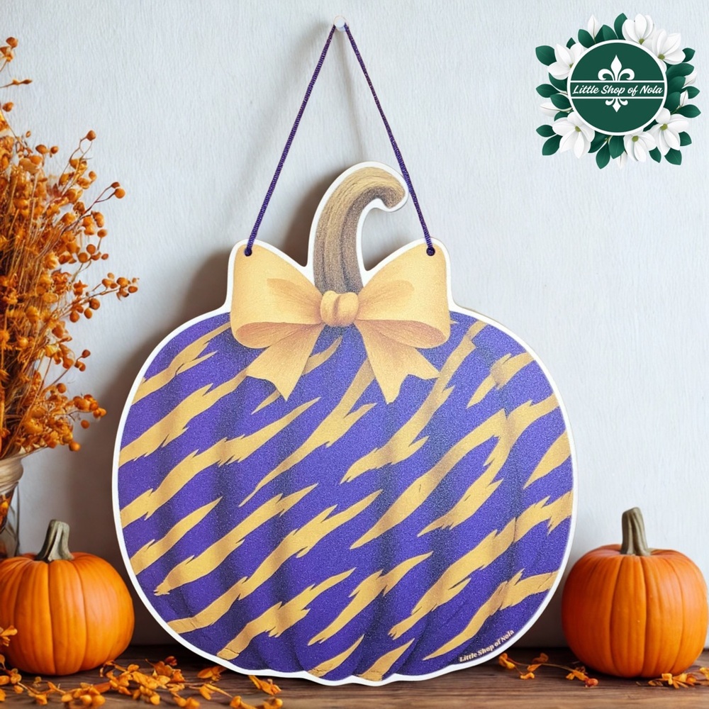 Purple Gold Tiger Stripes Bow Pumpkin Louisiana Halloween Decor Fall Door Hanger